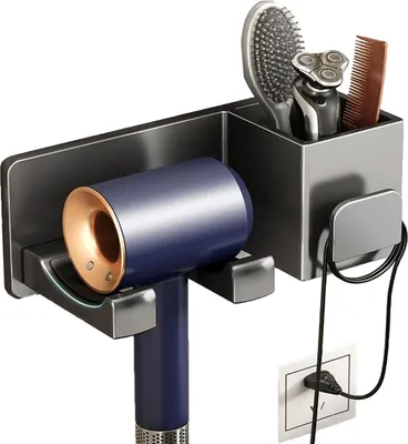 Produktbild von Haartrocknerhalter Föhnhalter Wand Ohne Bohren Grau, Föhn Halterung mit Steckerhalter,Wandregal für Föhn-Badezimmer Aufbewahrung,für Haushalte Bad