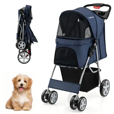 Produktbild von GOPLUS Haustierwagen, Klappbarer Katzen- & Hundebuggy mit Korb & Ablage, Verstellbarem Verdeck, Geländegängigen EVA-Rädern
