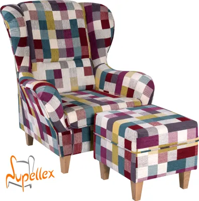 Produktbild von Supellex Sofia Ohrensessel mit Hocker | Design Patchwork kariert bunt
