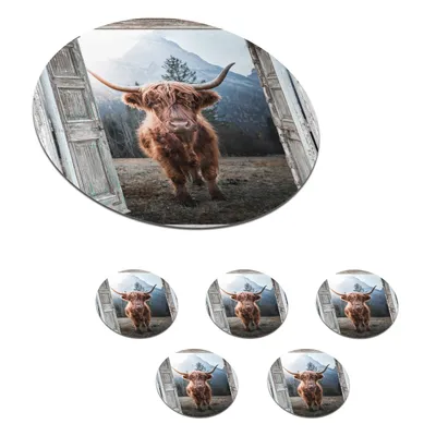 Produktbild von KitchenYeah® Glasuntersetzer Rund 6er Set Schottisches Hochlandrind - Kuh - Ländlich - Ansicht 10x10 cm Untersetzer für Gläser - Getränkeuntersetzer - Tischplattenschutz - Tischuntersetzer für Tassen