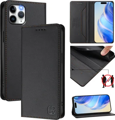 Produktbild von Lederhülle für iPhone 11 Pro Hülle Flip Brieftasche Kartenfächern Ständer Schutzhülle Schwarz