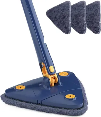 A navy blue triangular mop with yellow accents and three gray microfiber mop pads.