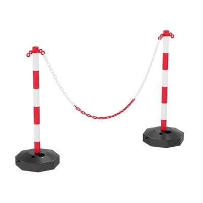 Obrázek produktu pro QEENTOE Sada dvou zábranných sloupků, zesílené plastové sloupy s řetězem o délce 140 cm, výškově nastavitelné zábradlí s červeno-bílou reflexní výstrahou