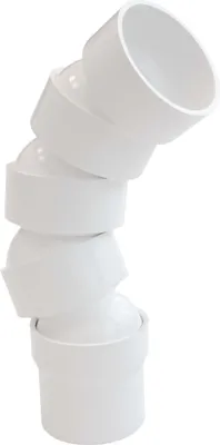 A white PVC pipe fitting with multiple articulated joints, bent into a curve.