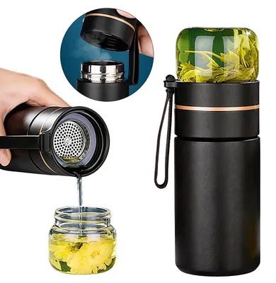 Produktbild von Isolierbecher mit Siebeinsatz, Tragbare Tee Infuser Tasse mit Deckel, Reise Teemug für losen Tee, Borosilikatglas Tee Tumbler für unterwegs & Zuhause