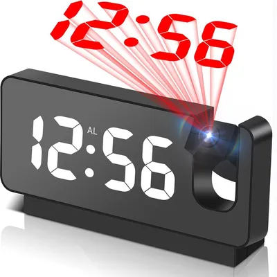 Produktbild von Digitaler Projektionswecker mit LED-Spiegeldisplay, 180° drehbarer Projektor, Lichtsensor, Snooze, Temperatur & USB-Stromversorgung