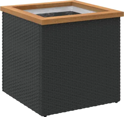 A square planter made of black poly rattan with a wooden trim around the top edge.