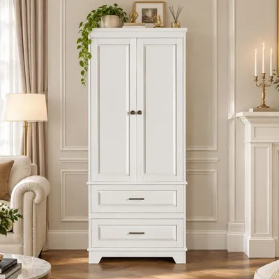 Produktbild von INONEFT Schrank mit Flügeltüren, Hoher Badschrank mit 2 Schubladen, Aufbewahrungsschrank mit Verstellbaren Ablage, Küchenschrank, Holz, Weiß