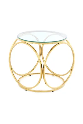 Produktbild von Qiyano Beistelltisch rund mit extravagantem Gestell kugelförmig Stahl Glas modern edel Design pflegeleicht Ablage Sofa Wohnzimmer Nachttisch Dekoration Höhe: 52 cm Farbe: Klar / Gold