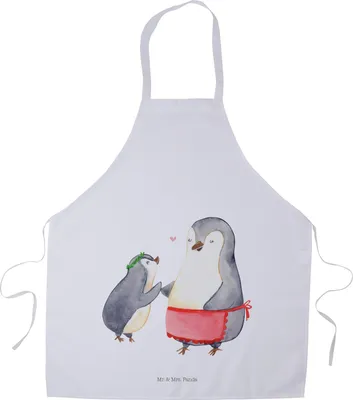 Produktbild von Mr. & Mrs. Panda Schürze Pinguin mit Kind - Weiß - Geschenk, Muttertag, Familie, Mutter, Grillschürze, Gastro, Küchenzubehör, Vorbild Mama, Backschürze, Kochschürze
