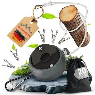Immagine prodotto di Stendibiancheria estensibile [stendibiancheria da viaggio e da campeggio da 10 m] con 20 clip in acciaio inox e sacchetto per i panni - Robusto stendibiancheria da esterno per camper