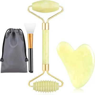 Produktbild von Jade-Gesichtsroller und Gua Sha-Massagegerät: Jade-Roller mit natürlichem Massagekopf an beiden Enden, inklusive Aufbewahrungstasche, für Anti-Aging und Faltenreduktion (gelb)