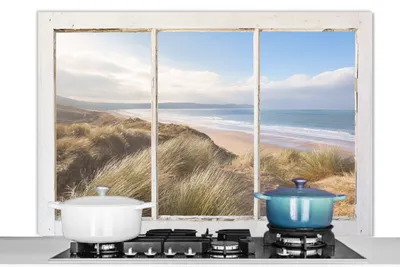 Produktbild von KitchenYeah®  Spritzschutz Küche - Küchenrückwand - Wandschutz für Herd und Spüle - Aussicht - Strand - Meer 120x80 - Alu-Dibond (Alternative zum Spritzschutz aus Glas) - Hitzebeständig - Herdspritzsc