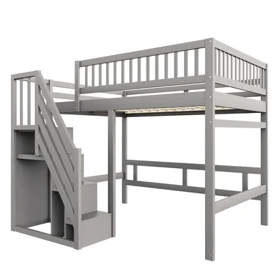 Produktbild von Flieks Etagenbett 140x200cm mit Rausfallschutz, Hochbett mit Treppe mit Kleiderstange und Ablagen, Kinderbett Doppelbett mit Lattenrost, Grau