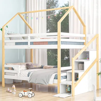 Obrázek produktu pro Merax Patrová postel 90x200 cm s ochranou proti vypadnutí a tvarem střechy, dětská postel Dětský domeček s žebříkovou skříní a schody, podkrovní postel Klasická dřevěná postel Borovicová postel pro 2 děti, bílá/přírodní
