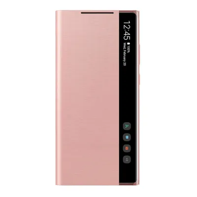 A rose gold Samsung Galaxy Note 20 flip case is shown against a white background. The case is closed, and the screen displays the time, date, and battery status, along with icons for quick access to apps.