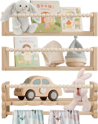 Produktbild von Kinder Bücherregal - Wandregal aus Holz - 3er-Set - 40 cm - Schwebend - Montessori-Stil - Für Bücher und Spielzeug - Dunkellila