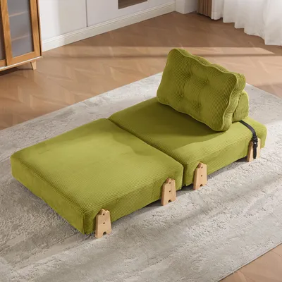 Produktbild von okwish Olivgrün Einzel Sofa mit Rückenlehne und Holzbeinen, Lazy Sofa,Cord ,In ein Schlafsofa umwandelbar,Geeignet für kleine Wohnungen