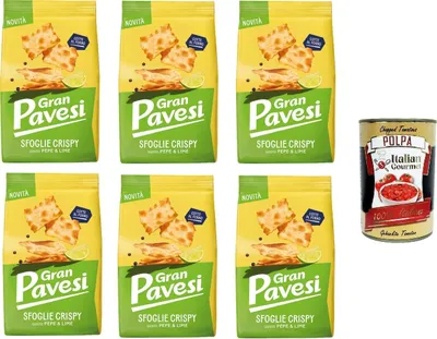 Produktbild von Gran Pavesi Knuspriger Blätterteig-Snack mit Pfeffer- und Limettengeschmack, gebacken, 6 x 150 g+ Italian Gourmet Polpa di Pomodoro 400g