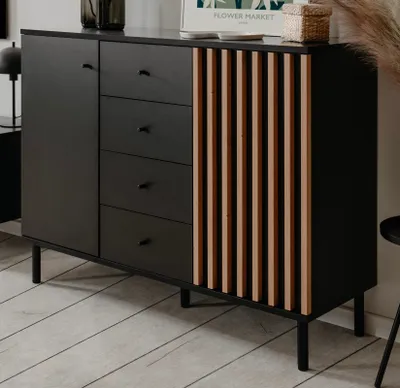 Produktbild von Kommode "Biella" schwarz und Eiche Sideboard mit 3D-Lamellen 118 cm