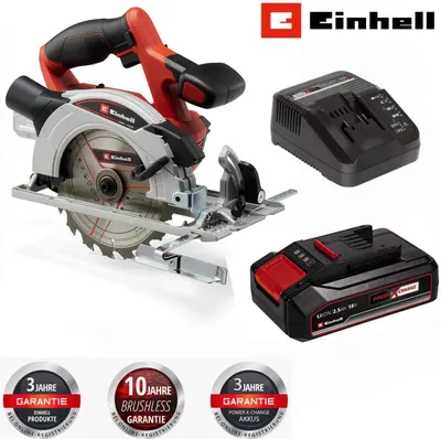 A collage displaying a circular saw, its battery, and a charger, along with warranty badges and a brand logo.