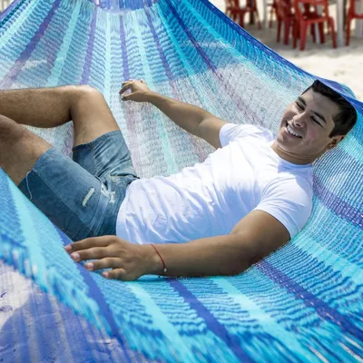 Obrázok produktu pre Mexická sieťová hojdacia sieť MacaMex Matrimonial Caribe Plus Dark Blue Light Blue Hammock