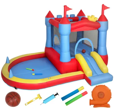 Image de Château gonflable avec toboggan et piscine | Couleur : Multicolore | Dimensions : 255 x 342 x 209 cm