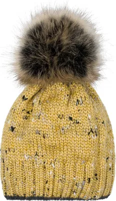Produktbild von styleBREAKER Damen Strick Bommelmütze bunt gemustert mit Glitzerfaden und Fleece Futter, Winter Fellbommel Mütze 04024178
