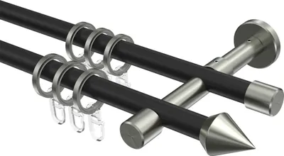Produktbild von Interdeco Gardinenstange / Vorhangstange Schwarz / Edelstahl-Optik, Typ Sinux Castello (Doppelkegel), 16 mm Ø 2-läufig, 420 cm