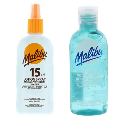 Zdjęcie produktu dla Malibu SPF15 Wodoodporny Spray 200ml + Żel Po Opalaniu 100ml
