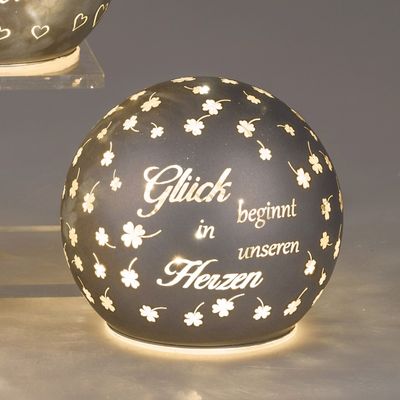 LED Kugellampe mit Glück beginnt ... Spruch D. 12cm grau mit Timer Formano