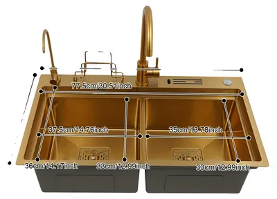 Obrázek produktu pro Kuchyňský dřez, dvojité umyvadlo, nerezová ocel, 82 × 46 cm, zlatý