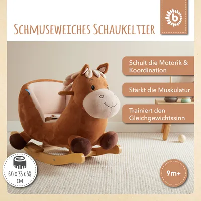 A plush rocking horse toy for children on a carpeted floor.