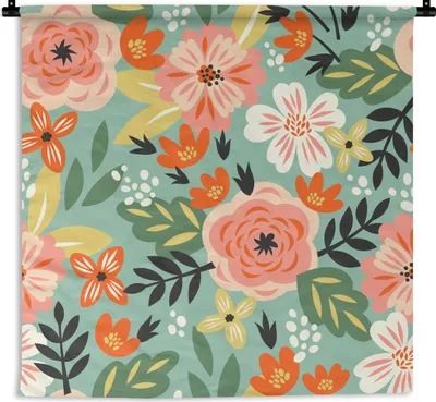 Produktbild von MuchoWow® Wandteppich Wandbehang Blumen - Illustration - Muster 120x120 cm Tapisserie Dekoration Wandtuch - Modern - Baumwollgewebe