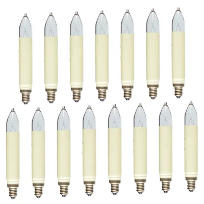 A collection of 15 candle-shaped light bulbs arranged in two rows on a white background.