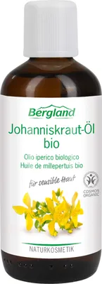 Produktbild von Johanniskraut-Öl ist ein Mazerat (öliger Auszug) aus Bio-Johanniskrautblüten in Bio-Olivenöl aus Kaltpressung. 100% pflanzliche Zubereitung. 100 ml