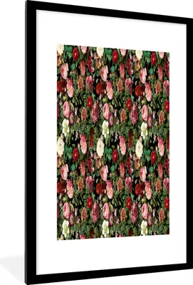 Produktbild von MuchoWow® MuchoWow® Gerahmtes Poster Blumen - Rosen - Muster 60x90 cm - Poster mit zchwarzem Bilderrahmen - Dekoration - Wandposter Wohnzimmer - Hochwertig