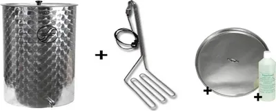 Collage showing a stainless steel tank, a heating element, a lid, and a bottle of liquid.