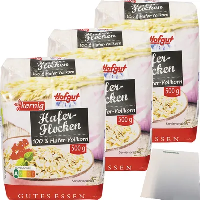Produktbild von Hofgut Haferflocken kernig 3er Pack (3x500g Packung) + usy Block