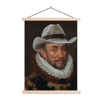 Produktbild von MuchoWow® Textilposter Wilhelm von Oranien - Adriaen Thomasz - Cowboyhut 60x80 cm mit holzfarbenen Rahmen - Wandbild