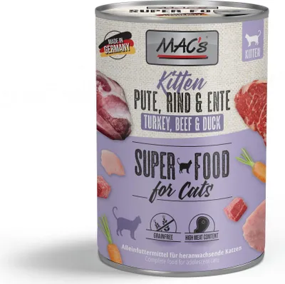 A can of cat food with images of meat and vegetables.