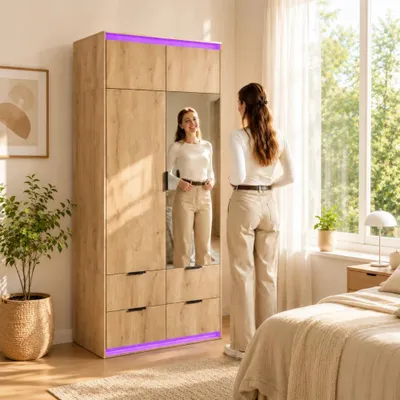 Immagine prodotto di Armadio - Armadio a 2 ante - 90 x 47 x 200 cm - Con specchio - 4 cassetti - Barra appendiabiti - Colore legno