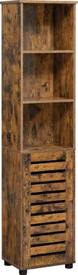 A tall, narrow, wooden cabinet with slatted doors and open shelves.