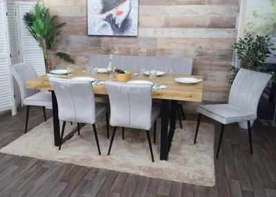 Produktbild von Esszimmer-Set HWC-K16, 4er-Set Stuhl+Sitzbank Esszimmergruppe Sitzgruppe Esszimmergarnitur, Samt Metall  hellgrau