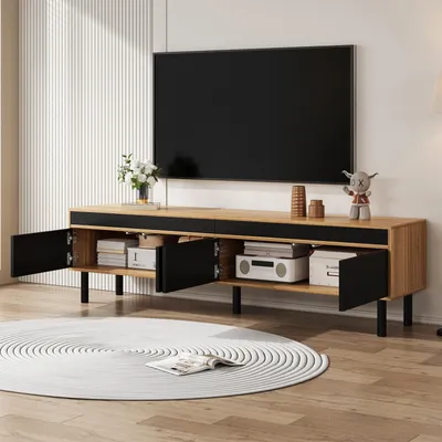 Produktbild von okwish TV-Schrank TV-Ständer mit dreitüriger Unterschrank,Fernsehbank TV-Panel mit feine Textur und Höhe 47 cm,mit Massivholzbeine,Schwarz&Naturholz
