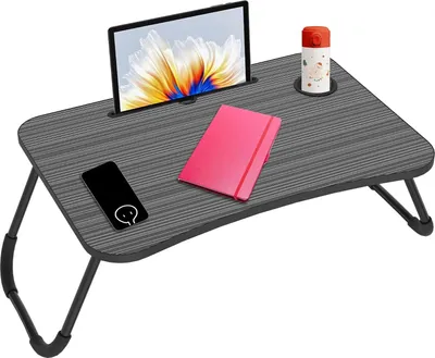 Zdjęcie produktu dla JOIEYOU 60x40x27cm Stolik na laptopa Tace śniadaniowe Stolik do łóżka ze stojakiem na tablet i uchwytem na napoje, Taca do czytania i pracy dla laptopów do 17" Składany pulpit na sofę, podłogę, łóżko (czarny)