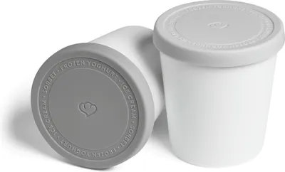 Two white ice cream containers with gray lids are shown against a white background. One container is upright, and the other is tilted on its side.