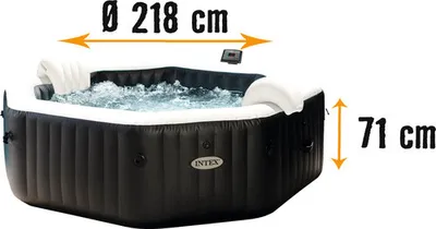 Produktbild von Aufblasbarer Whirlpool Intex Pure Spa Octagon Bubble Jet 128462 mit integriertem Kalkschutz- und Salzwassersystem, 6 Hochleistungs-Jetdüsen, Thermo-Bodenschutzplane, Thermoabdeckung, 2 aufblasbare Kopfkissen schwarz