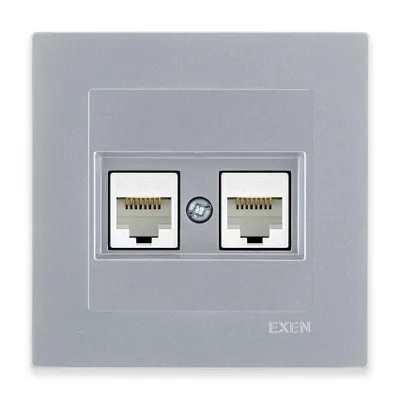 Image de Prise double RJ45 Cat.6 pour ordinateur, couleur argent + cadre argenté de la marque EXEN