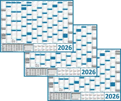 Produktbild von 3 Stück XL Wandkalender Wandplaner 2026 blau (gerollt) DIN A1 Format (594 x 841 mm) 14 Monate komplette Jahresvorschau Folgejahr und Ferientermine Feiertage aller Bundesländer